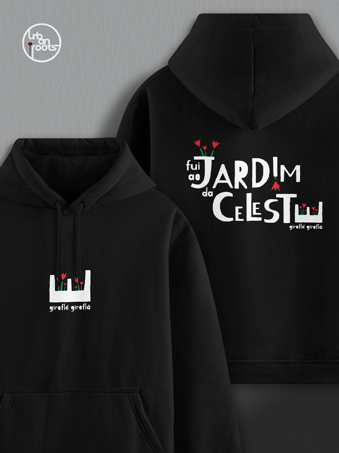 Sweatshirt preta com design floral e texto em branco e vermelho