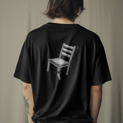 T-shirt preta com estampa de cadeira partida na parte traseira, vista de costas.