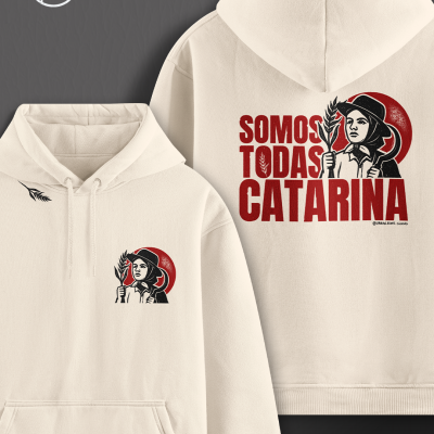Camisola hoodie creme com estampado de mulher e texto vermelho