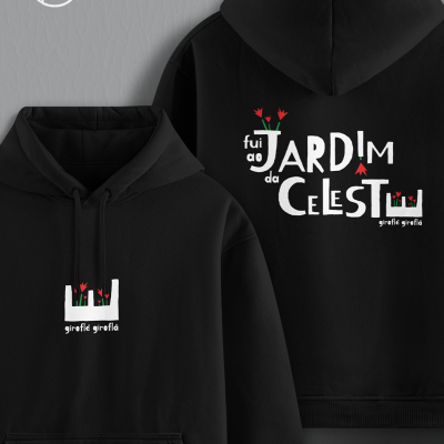 Sweatshirt preta com design floral e texto em branco e vermelho