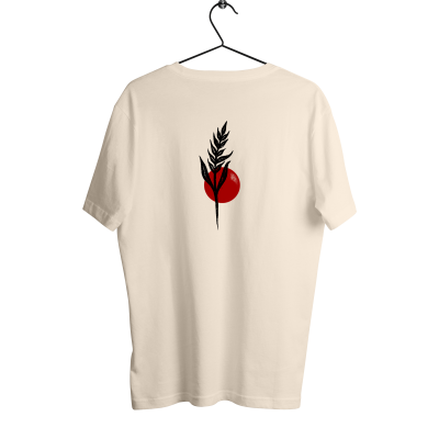 T-shirt bege com desenho preto e vermelho de planta e círculo na parte de trás