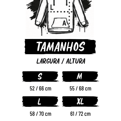 Ilustração de camisola branca com capuz e tabela de tamanhos em português