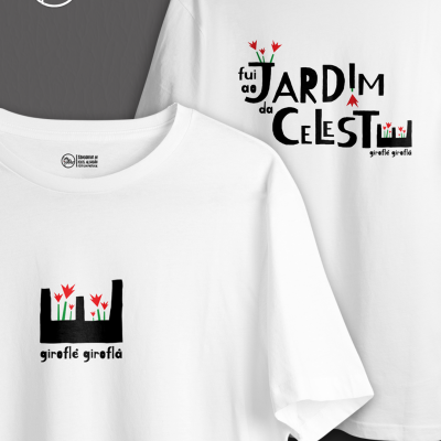 Camisola branca com estampas de flores e texto Jardim da Celestina