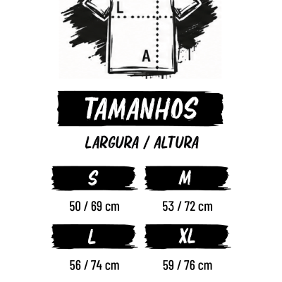 Desenho t-shirt branca com medidas de largura e altura e tabela de tamanhos.