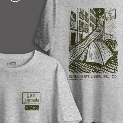T-shirt cinzenta com estampado preto de rua e texto em português.
