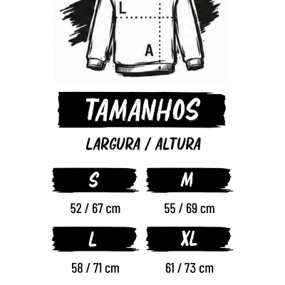 Ilustração de sweatshirt e tabela de tamanhos com largura e altura em cm