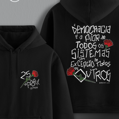 Sweatshirt preta com capuz e impressão de texto e flor vermelha na frente e costas