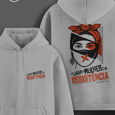 Sweatshirt cinzento com desenho de mulher estilizada e texto de resistência