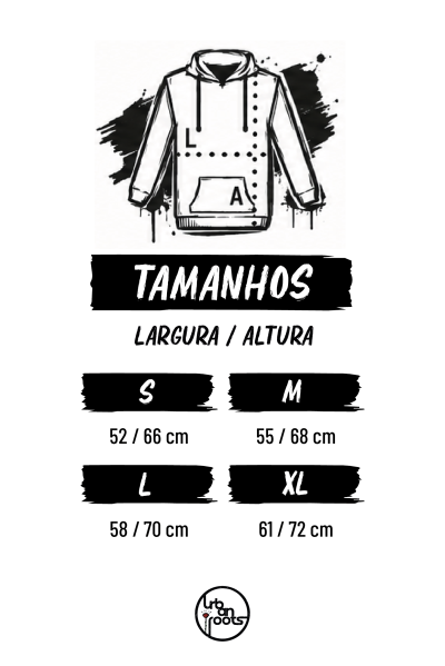 Ilustração de camisola branca com capuz e tabela de tamanhos em português