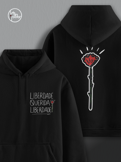 Casaco com capuz preto com texto e ilustração de cravo vermelho