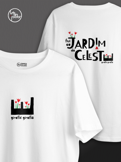 Camisola branca com estampas de flores e texto Jardim da Celestina