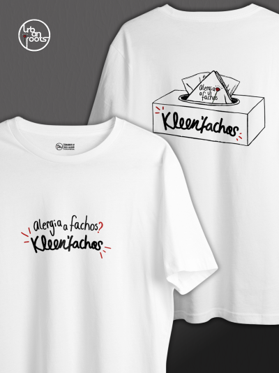 Camisolas brancas com estampados humorísticos em preto e vermelho e desenho de caixa de lenços