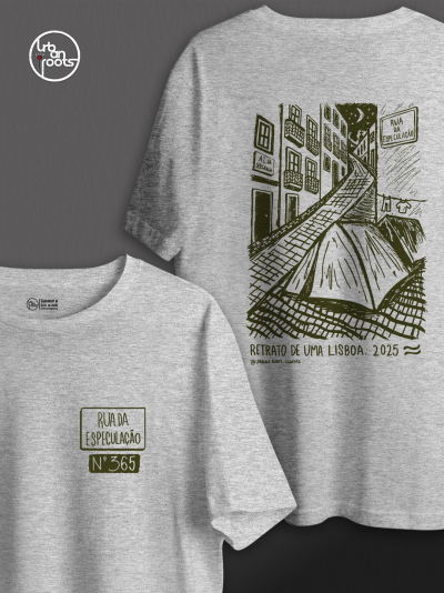 T-shirt cinzenta com estampado preto de rua e texto em português.