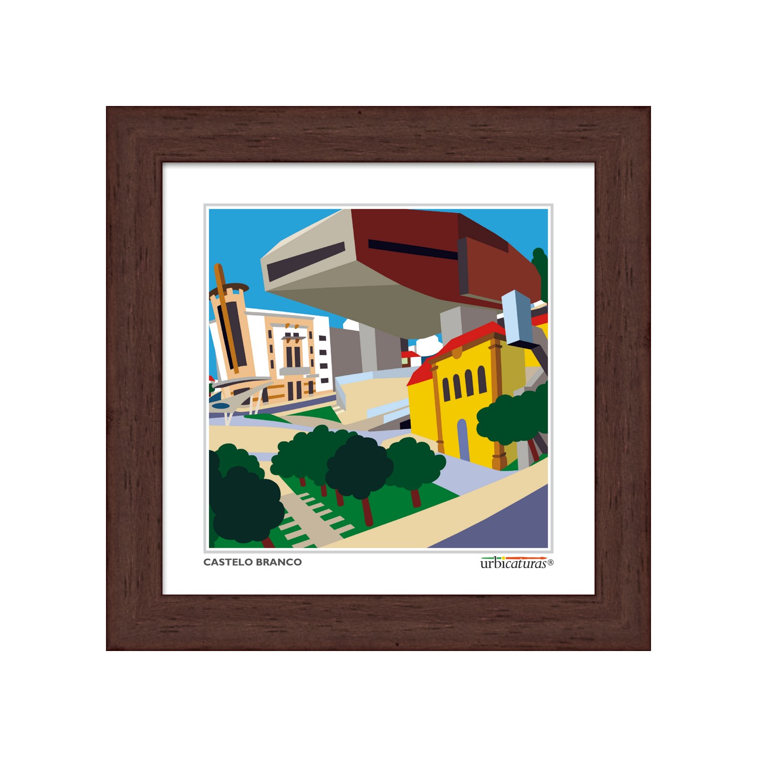 CASTELO BRANCO Minis – CCCCB Ilustração colorida de Castelo Branco em quadro com moldura castanha