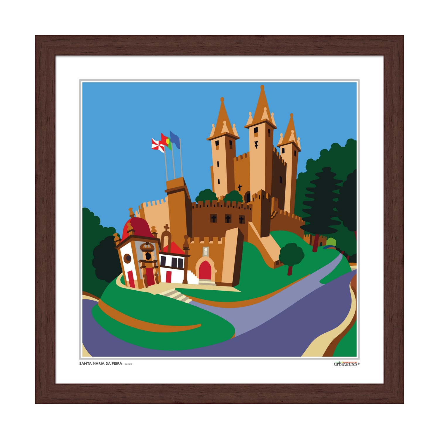 SANTA MARIA DA FEIRA – Castelo Ilustração colorida de um castelo com três torres e edifícios adjacentes num quadro com moldura castanha