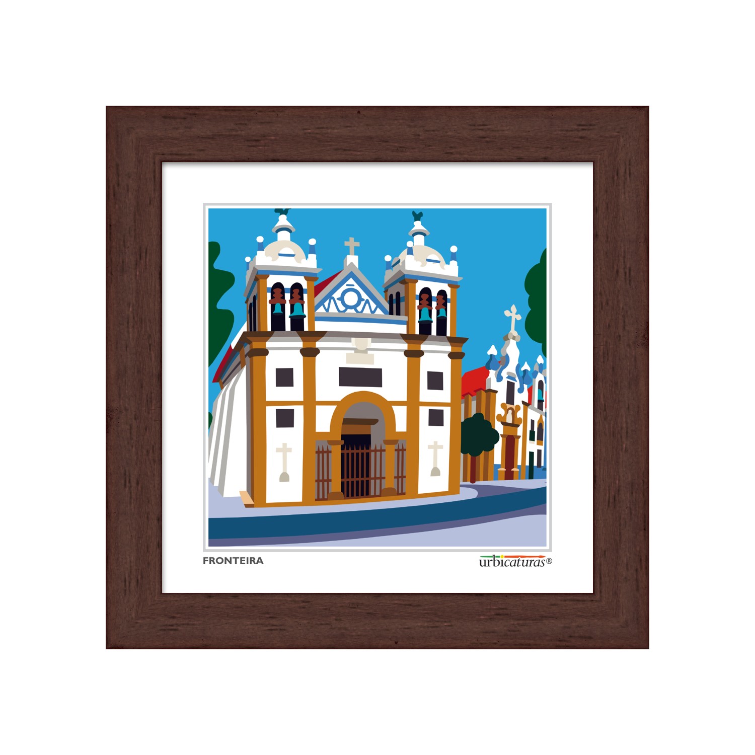 FRONTEIRA Minis – Matriz Ilustração de igreja em quadro com moldura de madeira escura