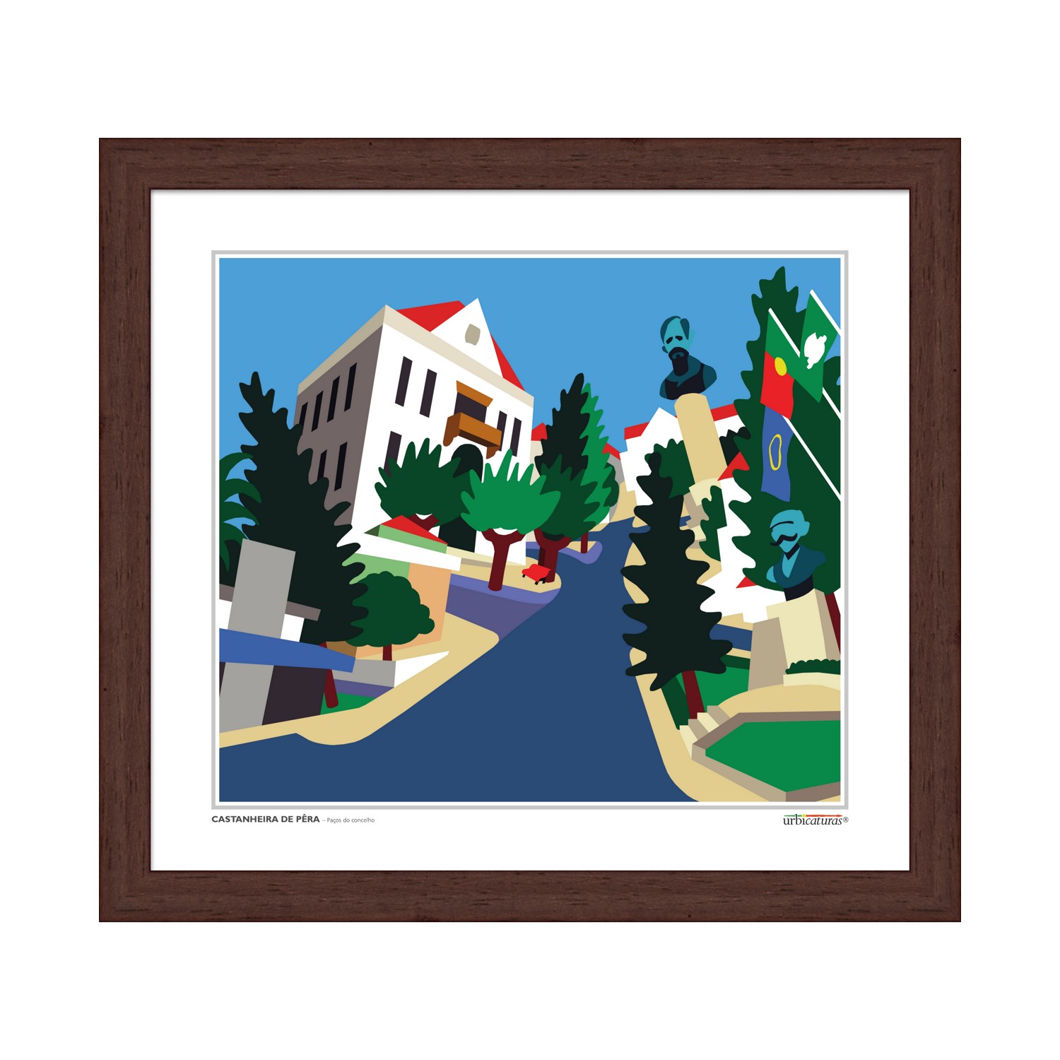 CASTANHEIRA DE PÊRA – Paços do concelho Ilustração colorida de rua urbana com árvores e edifícios em quadro com moldura castanha