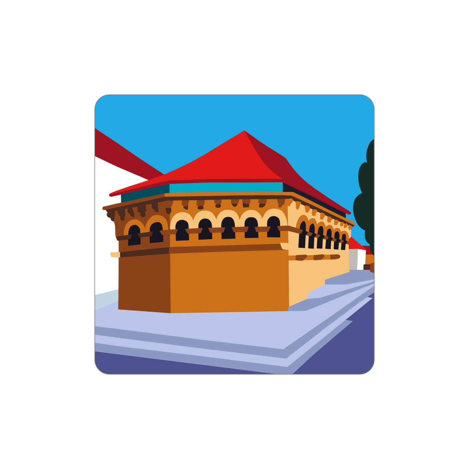 BRAGANÇA Ímanes – Domus Municipalis Desenho de edifício com telhado vermelho, janelas arqueadas e fachada em castanho e bege