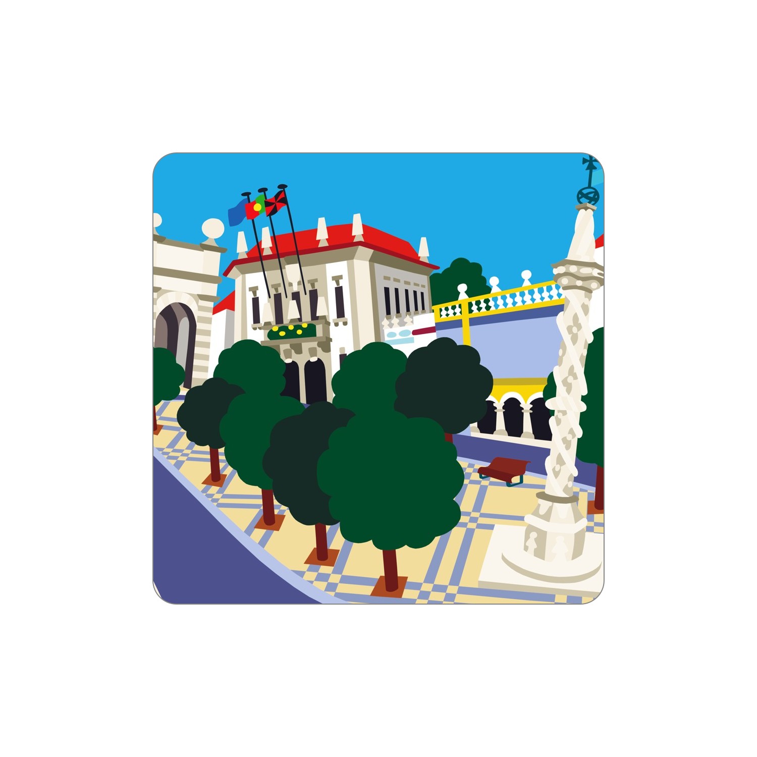 BEJA Ímanes – República Ilustração digital de praça com árvores, banco, colunas e edifícios clássicos coloridos