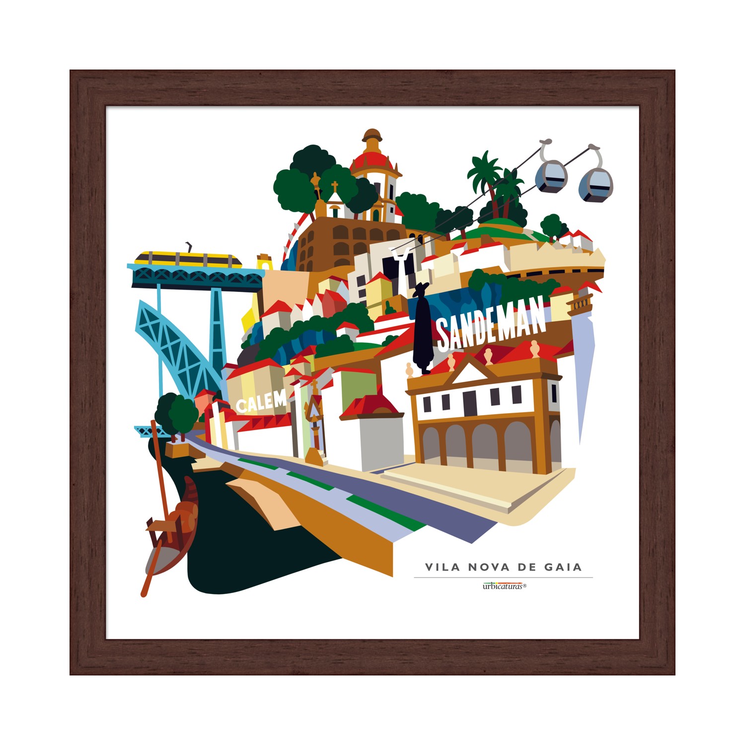 VILA NOVA DE GAIA Recortes – Marginal Ilustração colorida emoldurada de Vila Nova de Gaia com edifícios e teleféricos