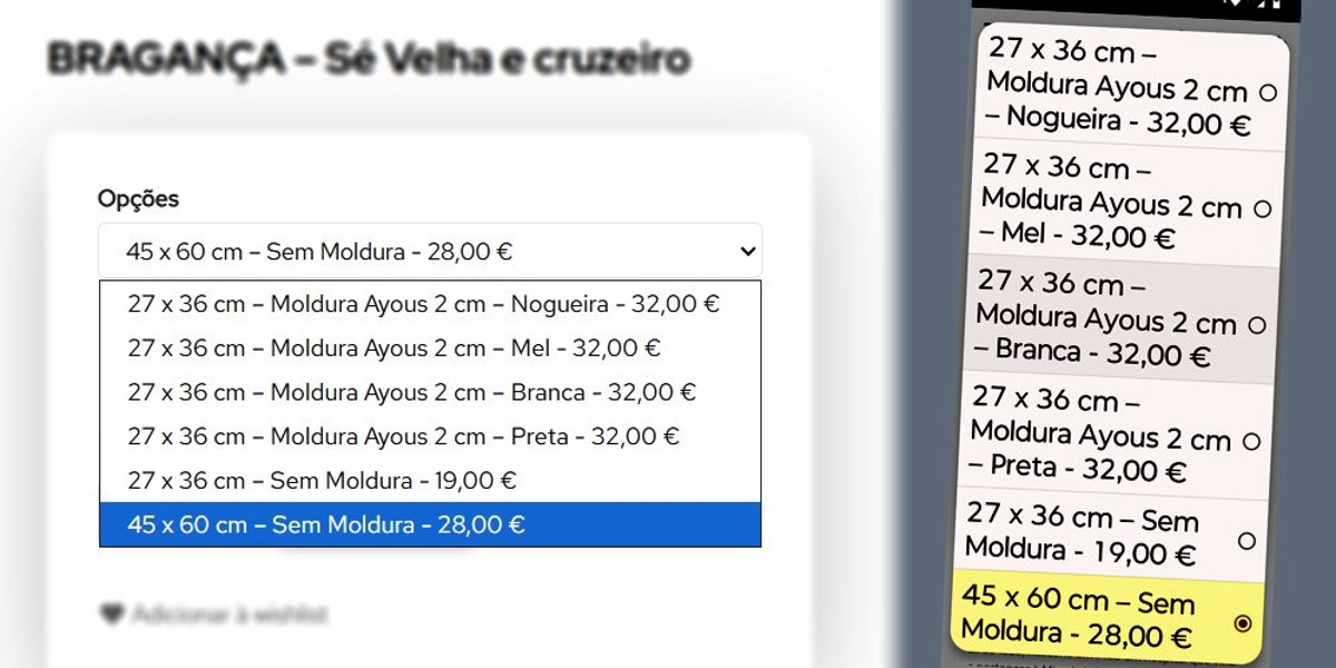 Página web com opções de molduras, tamanhos e preços em euros