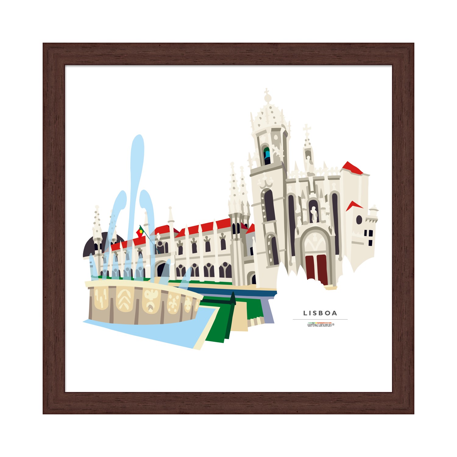 LISBOA Recortes – Jerónimos Ilustração gráfica de monumento de Lisboa com fonte e moldura de madeira