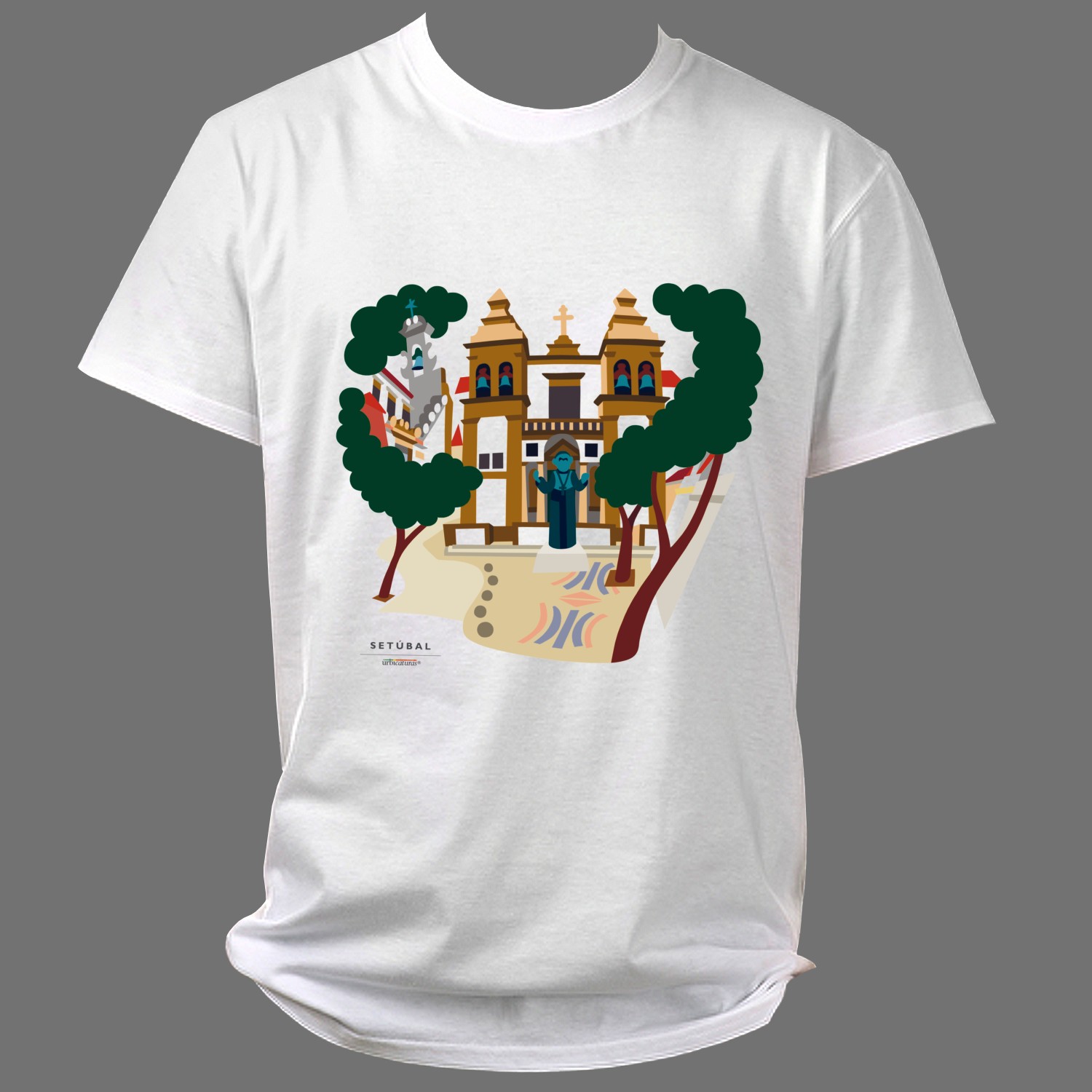 SETÚBAL T-Shirts – Sé T-shirt branca com impressão colorida de igreja e árvores com texto SETÚBAL.