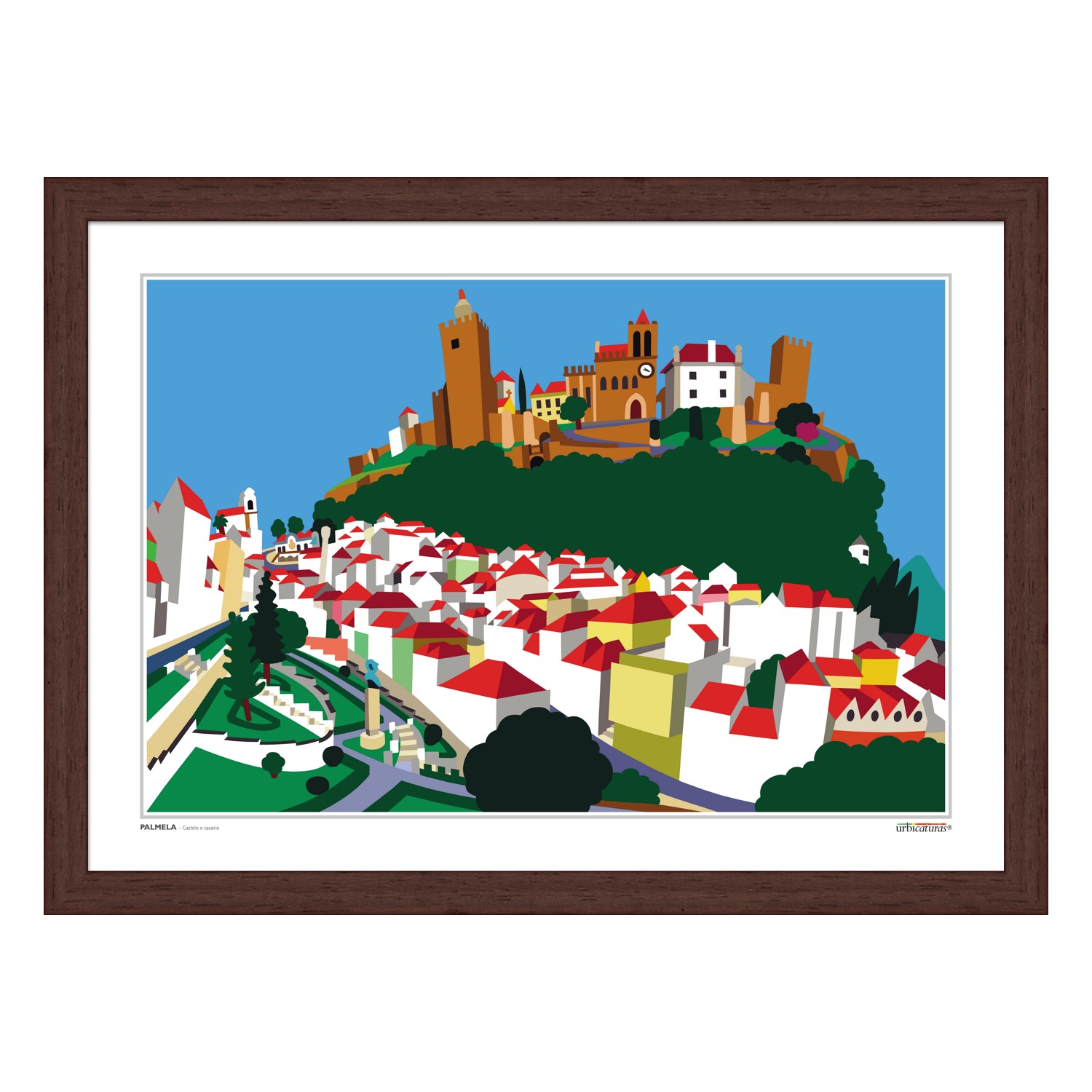 PALMELA – Castelo e casario Ilustração estilizada de vila com casarios brancos, telhados vermelhos, edifícios históricos sobre colina verde, céu azul e moldura castanha