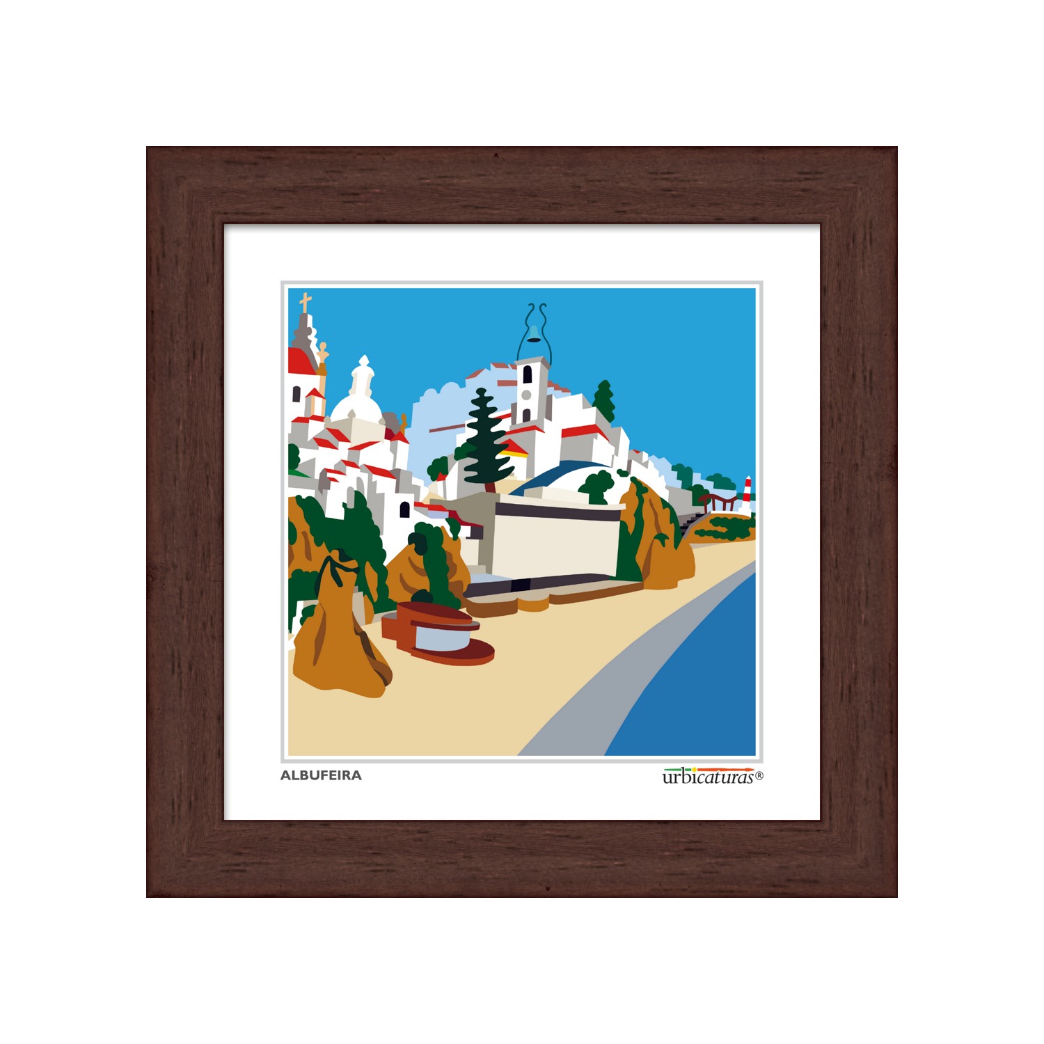 ALBUFEIRA Minis – Geral Gravura colorida de vila costeira com moldura de madeira escura