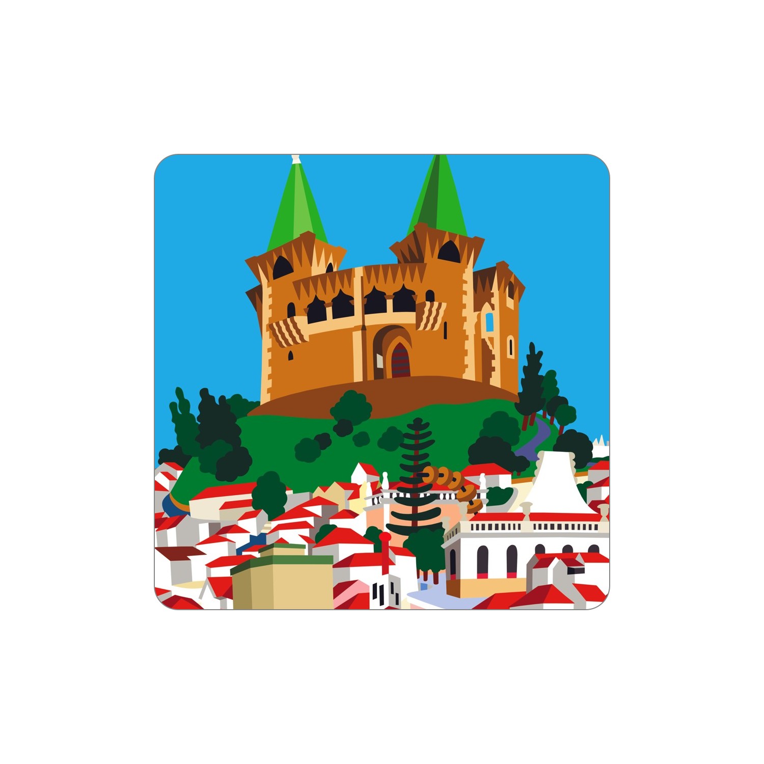 PORTO DE MÓS Ímanes – Castelo Ilustração de castelo castanho no topo de um monte verde com vilarejo branco de telhados vermelhos embaixo