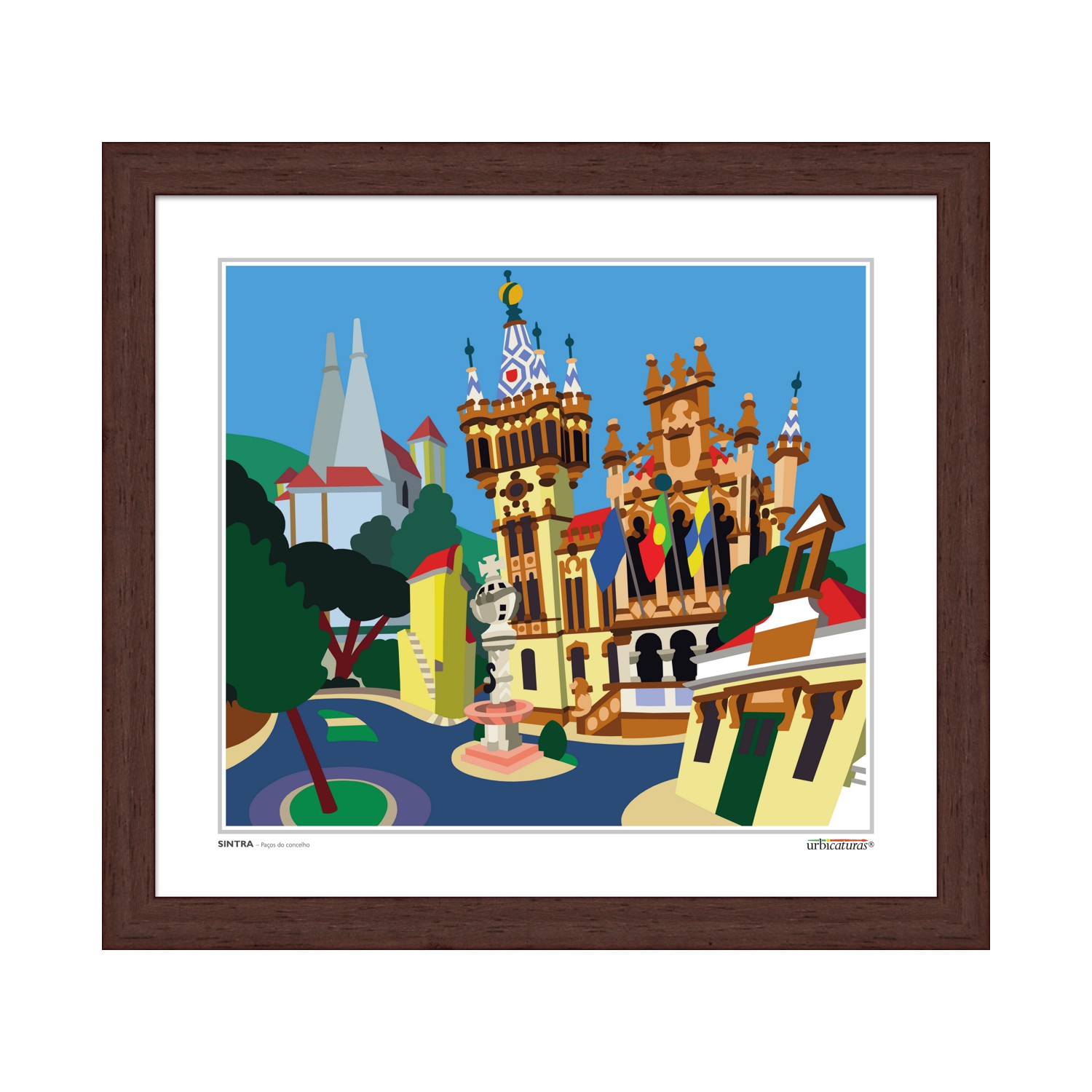 SINTRA – Paços do concelho Quadro decorativo com arte digital de castelo e edifícios coloridos em moldura castanha
