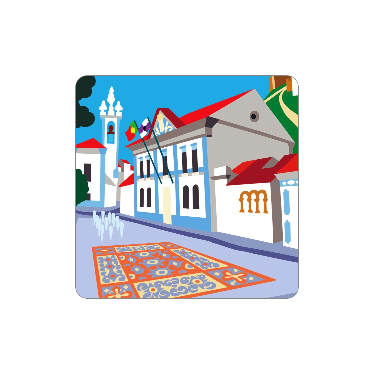 ARRAIOLOS Ímanes – Câmara Ilustração de rua com edifícios tradicionais e piso decorado.