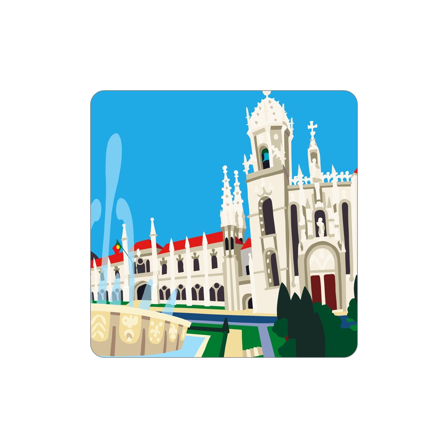 LISBOA Ímanes – Jerónimos Ilustração de edifício gótico branco com fonte e árvores em dia ensolarado