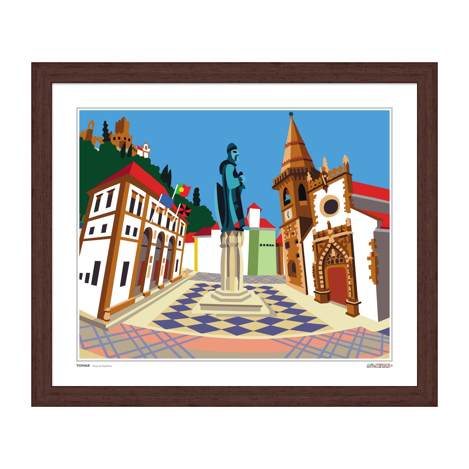 TOMAR – Praça da República Ilustração estilizada de praça histórica com estátua e edifícios coloridos, emoldurada em madeira escura.