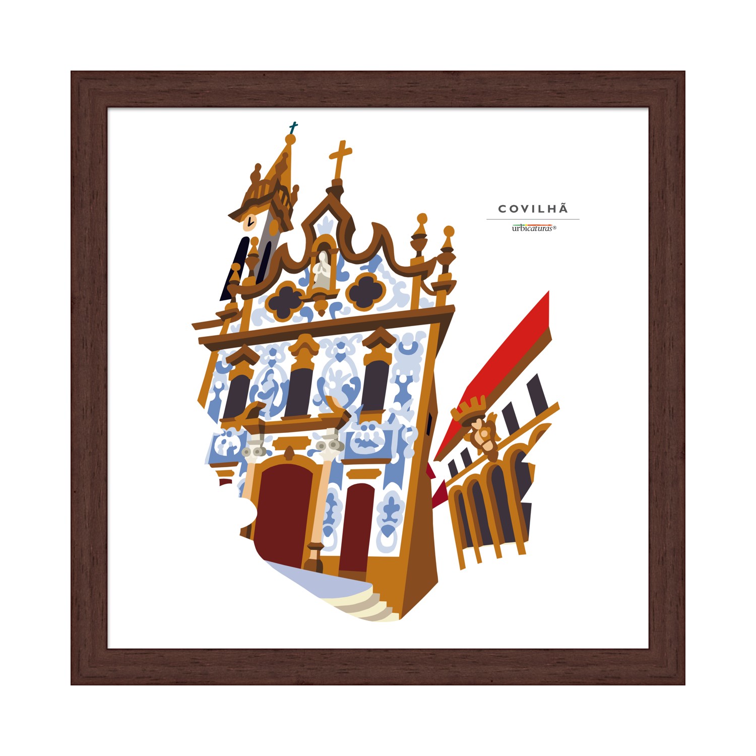 COVILHÃ Recortes – Santa Maria Ilustração de fachada arquitetónica colorida em moldura de madeira escura