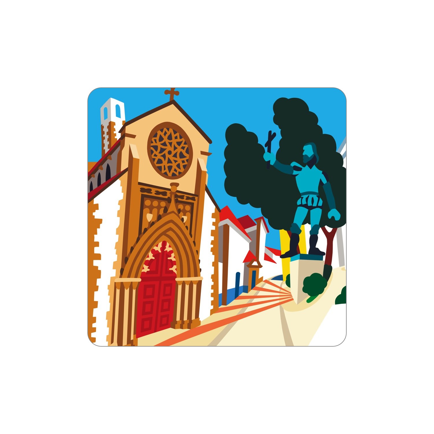 SANTARÉM Ímanes – Graça Ilustração de igreja gótica com porta vermelha e estátua azul de cavaleiro