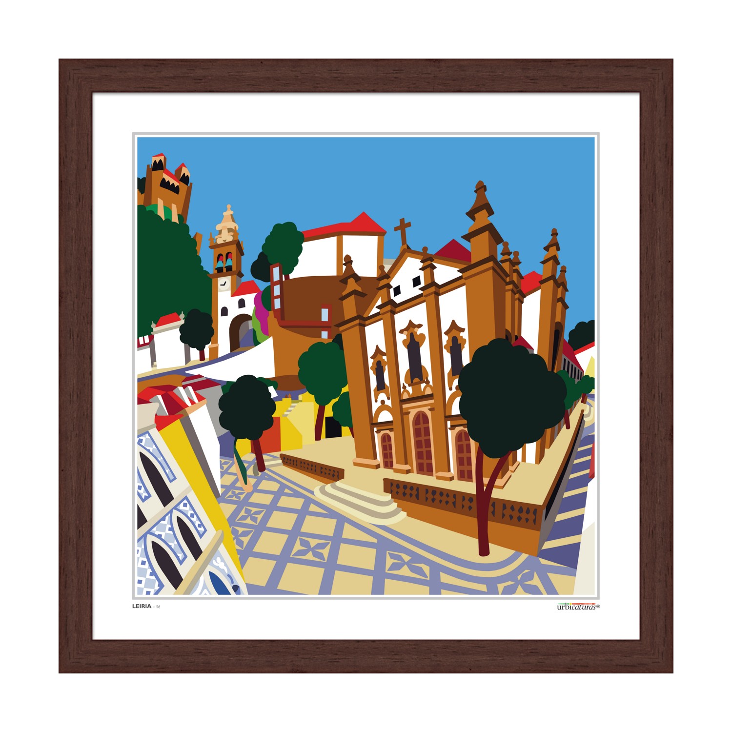 LEIRIA – Sé Ilustração colorida de edifícios históricos com árvores e chão azulejado em moldura castanha