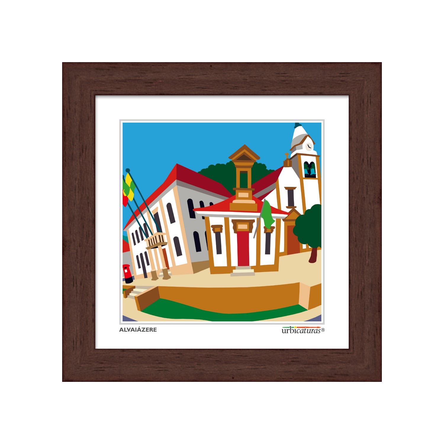 ALVAIÁZERE Minis – Câmara Quadro com uma ilustração colorida de edifícios tradicionais com moldura castanha