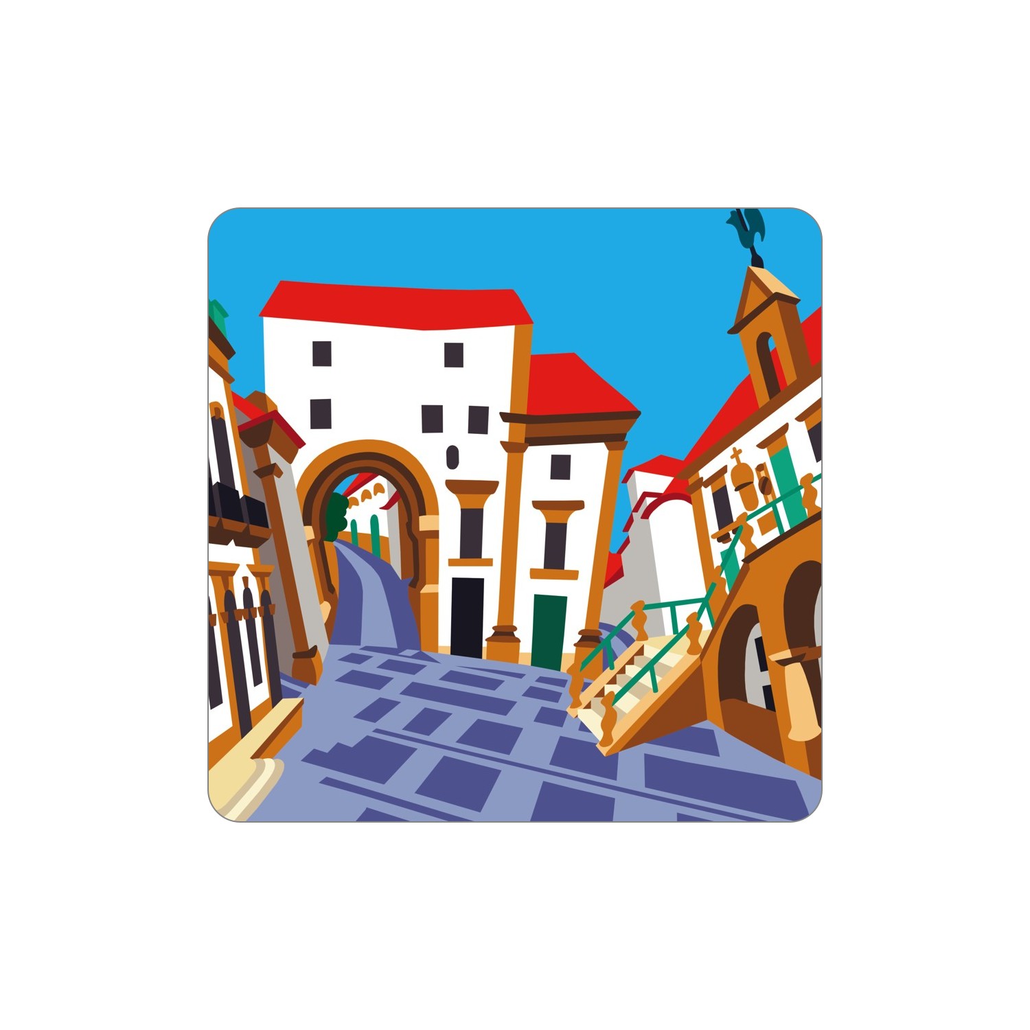 CASTELO BRANCO Ímanes – Arco do Bispo Ilustração de rua com pavimento azul e edifícios brancos com telhados vermelhos