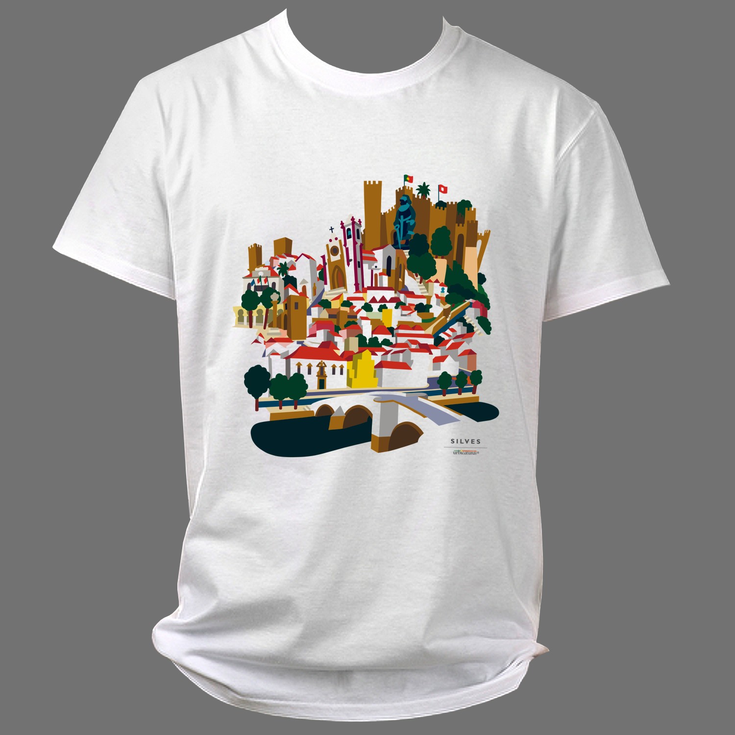 SILVES T-Shirts – Geral T-shirt branca com estampa colorida de castelo e texto SILVES PORTUGAL DESIGN