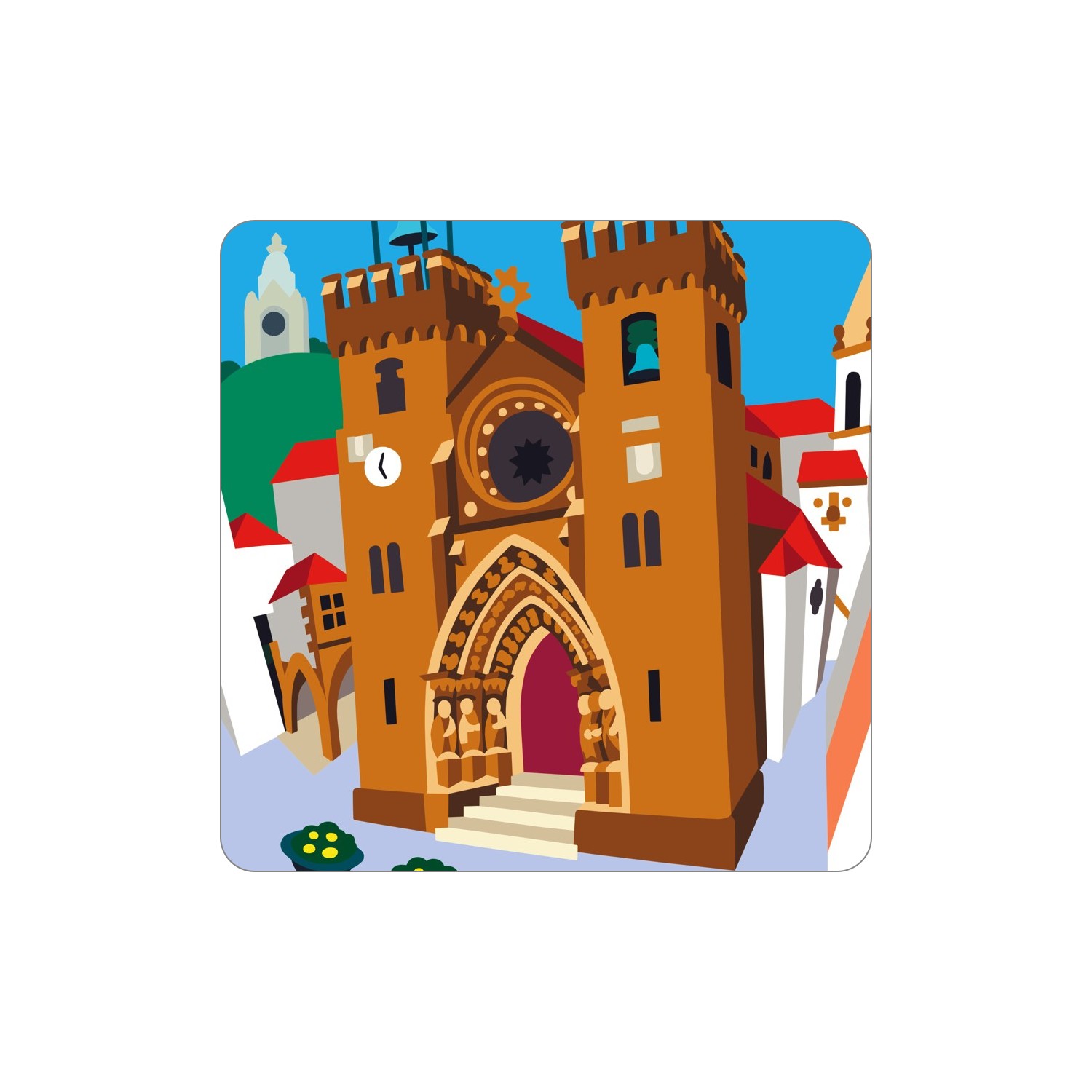 VIANA DO CASTELO Ímanes – Sé Ilustração de edifício histórico com duas torres castanhas e detalhes decorativos