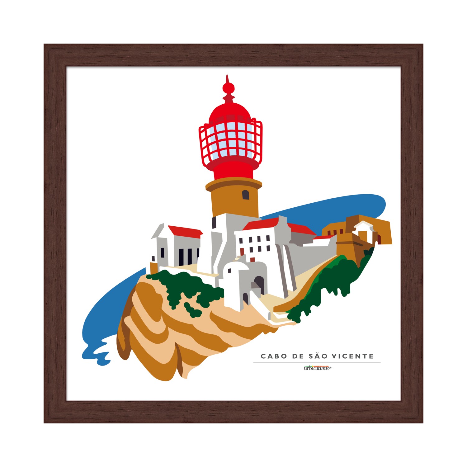 CABO DE SÃO VICENTE Recortes – Farol Ilustração colorida do farol do Cabo de São Vicente com edifícios e falésia