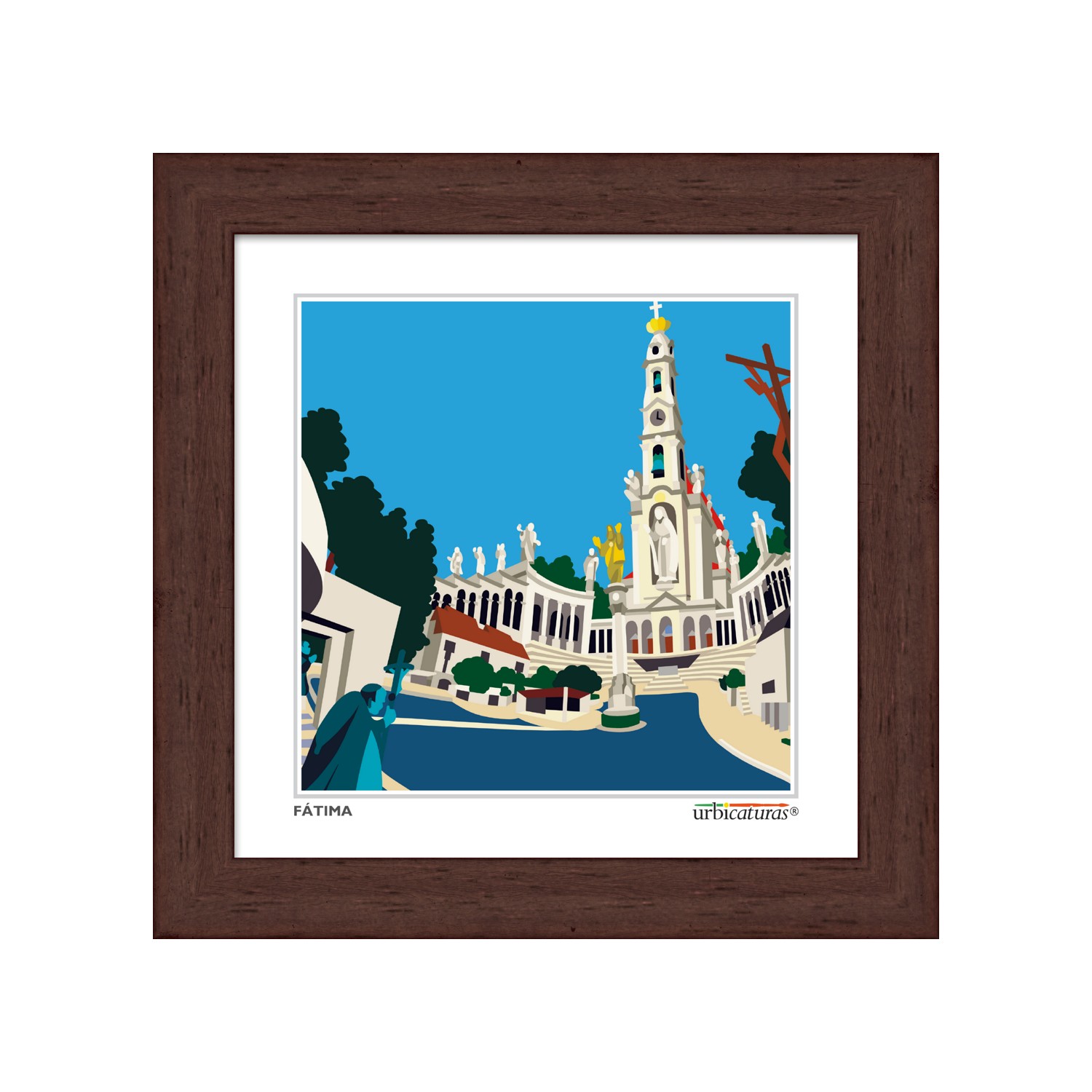FÁTIMA Minis – Santuário Quadro ilustrativo do santuário de Fátima com moldura em madeira escura