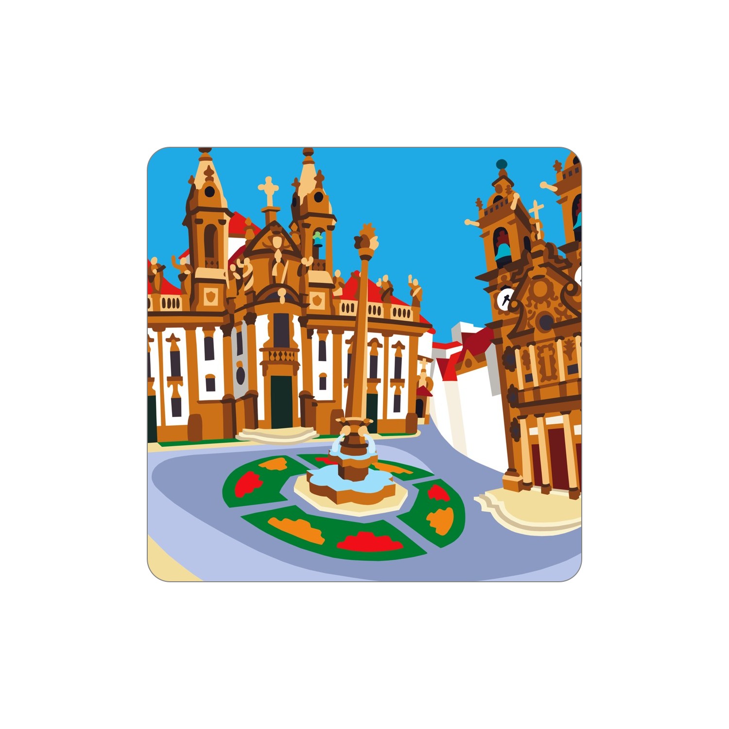 BRAGA Ímanes – São Marcos Ilustração gráfica de edifícios históricos barrocos, fontes e jardins com céu azul.