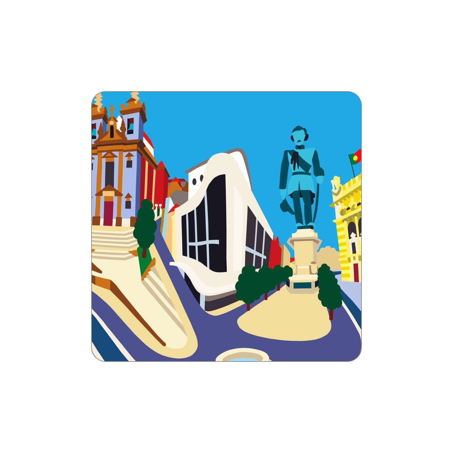 PORTO Ímanes – Batalha Ilustração colorida de edifícios históricos, estátua azul e praça com árvores