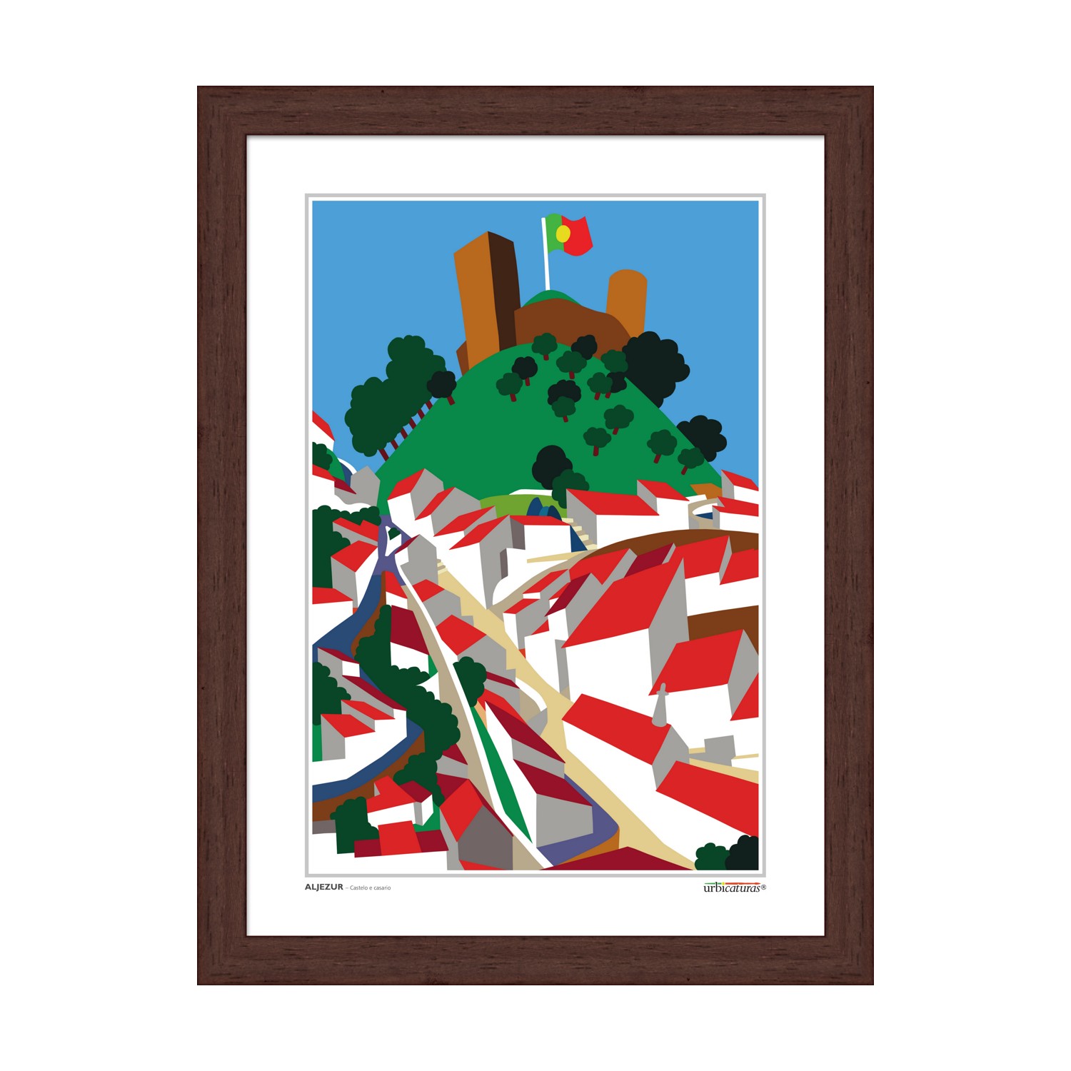 ALJEZUR – Casario e castelo Quadro decorativo com imagem gráfica de colina, castelo e casas com telhados vermelhos