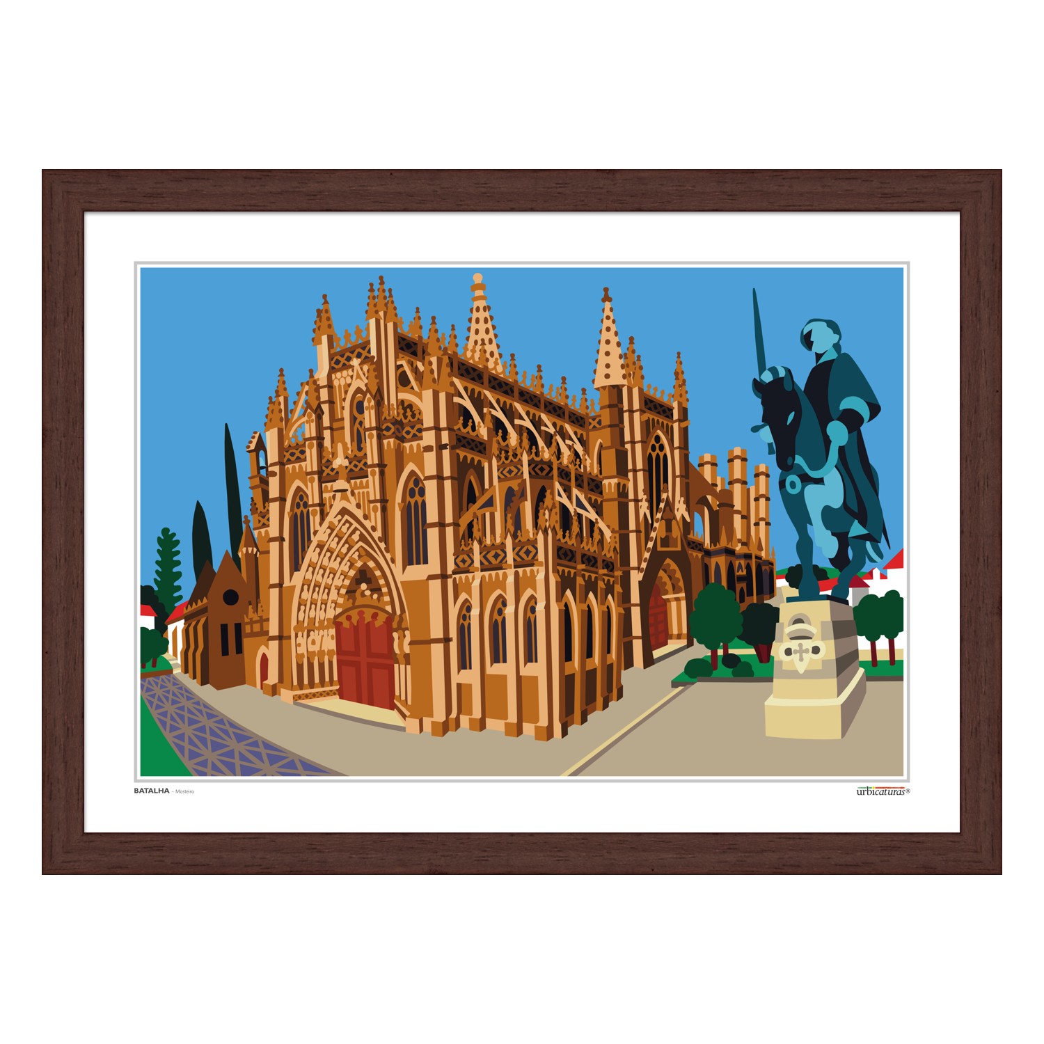 BATALHA – Mosteiro Ilustração digital de catedral gótica castanha com estátua azul de cavaleiro e cavalo