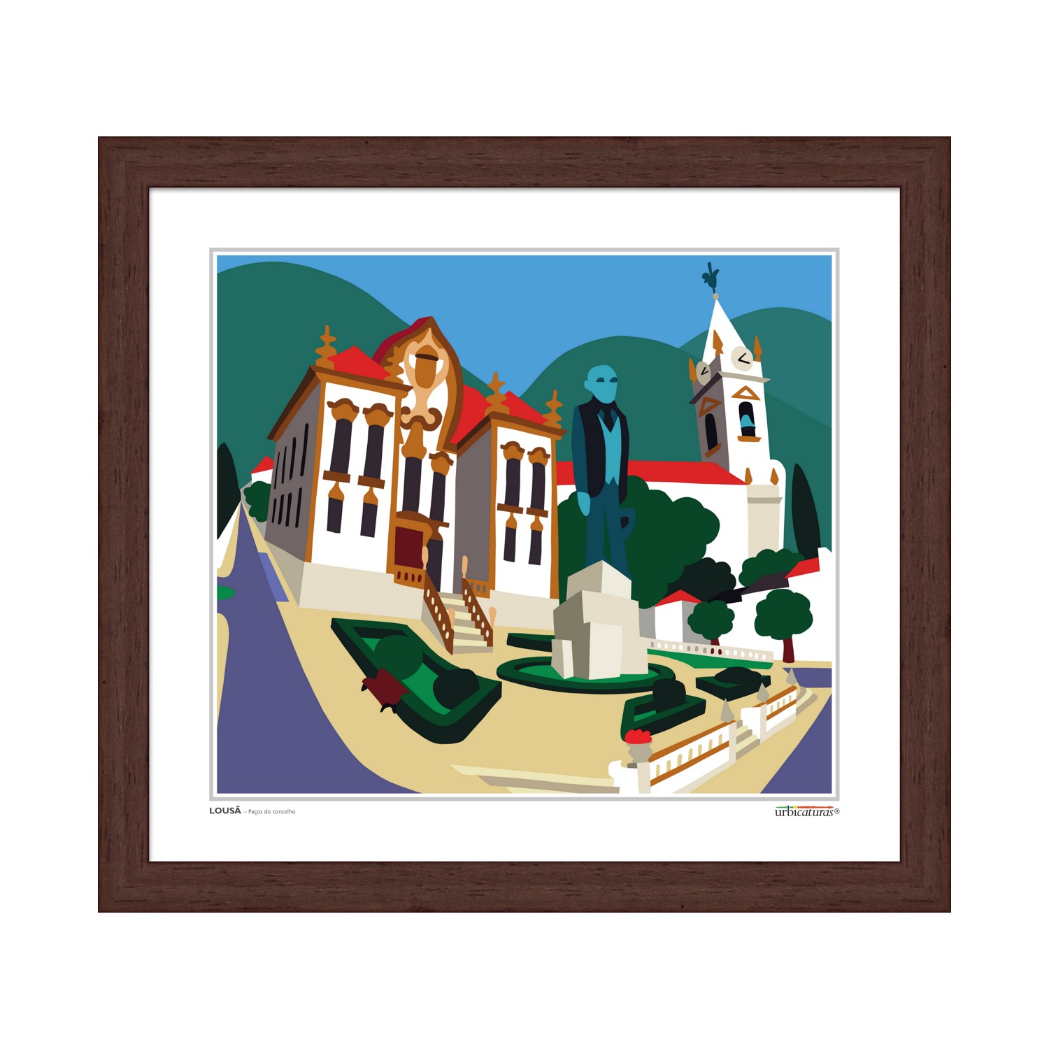 LOUSÃ – Paços do concelho Quadro artístico com imagem de praça, edifícios, estátua e árvores emoldurado em madeira