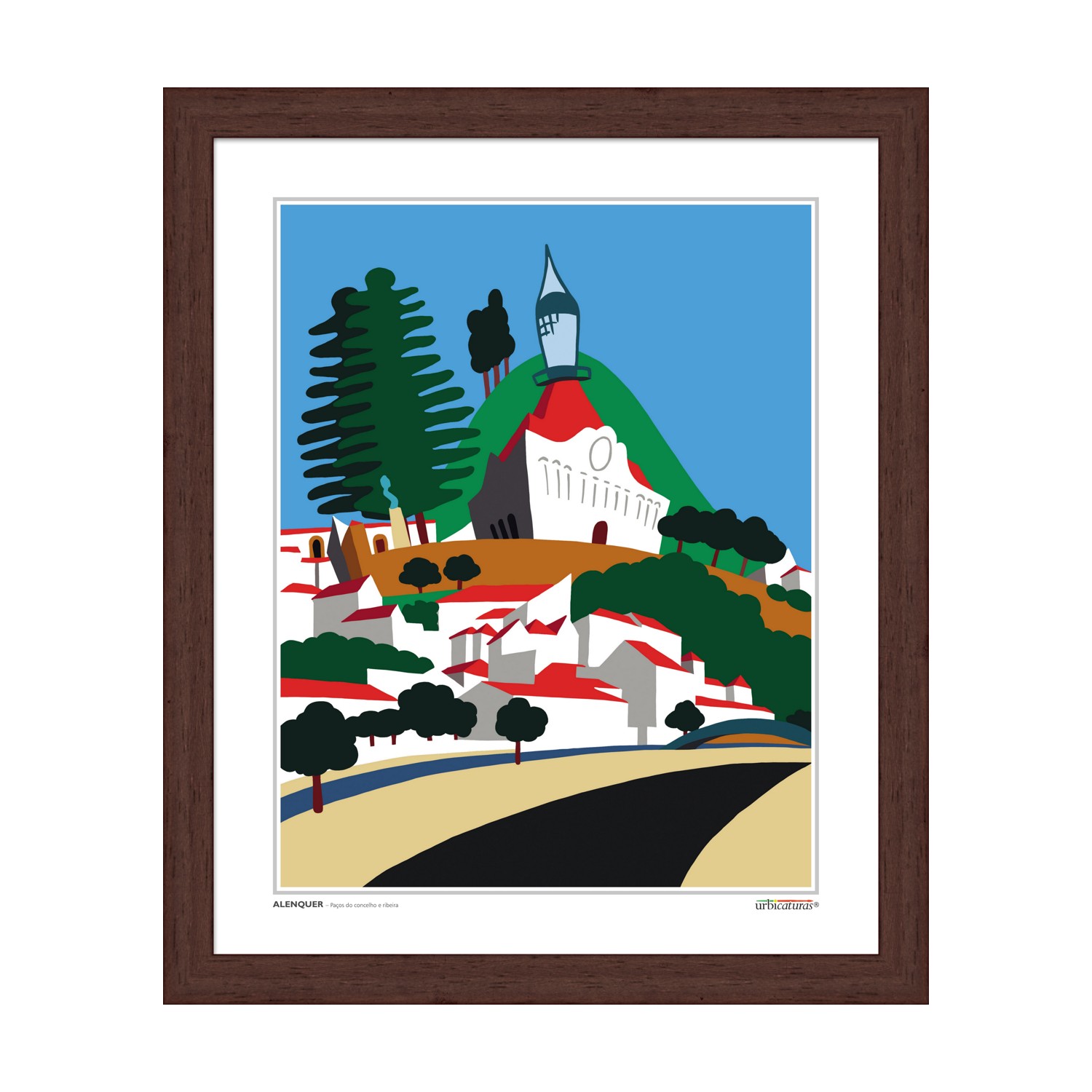 ALENQUER – Paços do concelho e ribeira Gravura emoldurada de vila com igreja, árvores e estrada sob céu azul