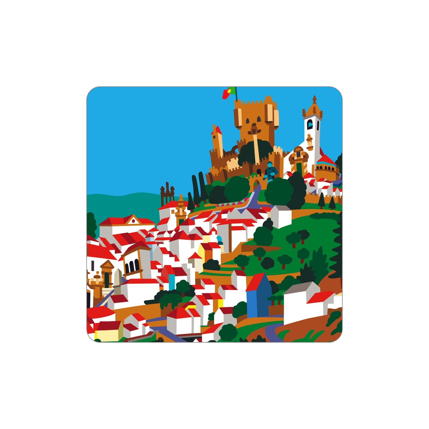 BRAGANÇA Ímanes – Castelo Ilustração digital de vila com casas brancas e telhados vermelhos, árvores verdes e castelo castanho com bandeira.